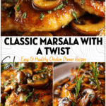 Plate of traditional chicken and mushroom marsala with portobello mushrooms in creamy marsala sauce.